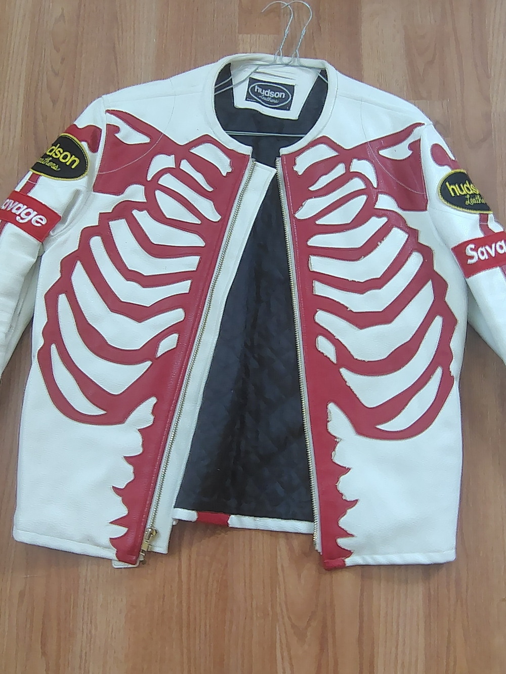 Hudson Jeans White Leather Jacket with Red Ribcage Appliqué